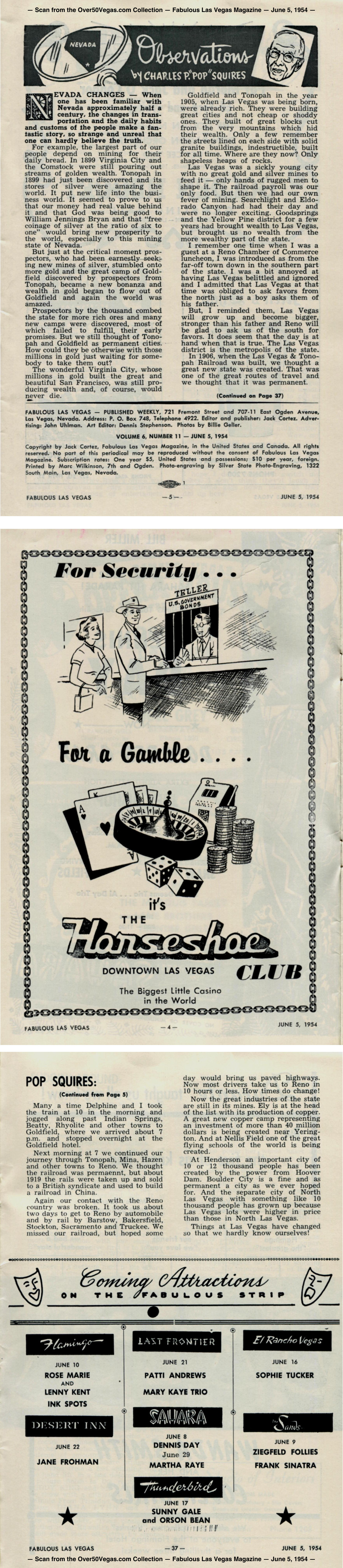 Observations by Pop Squires — Fabulous Las Vegas Magazine —  June 5, 1954